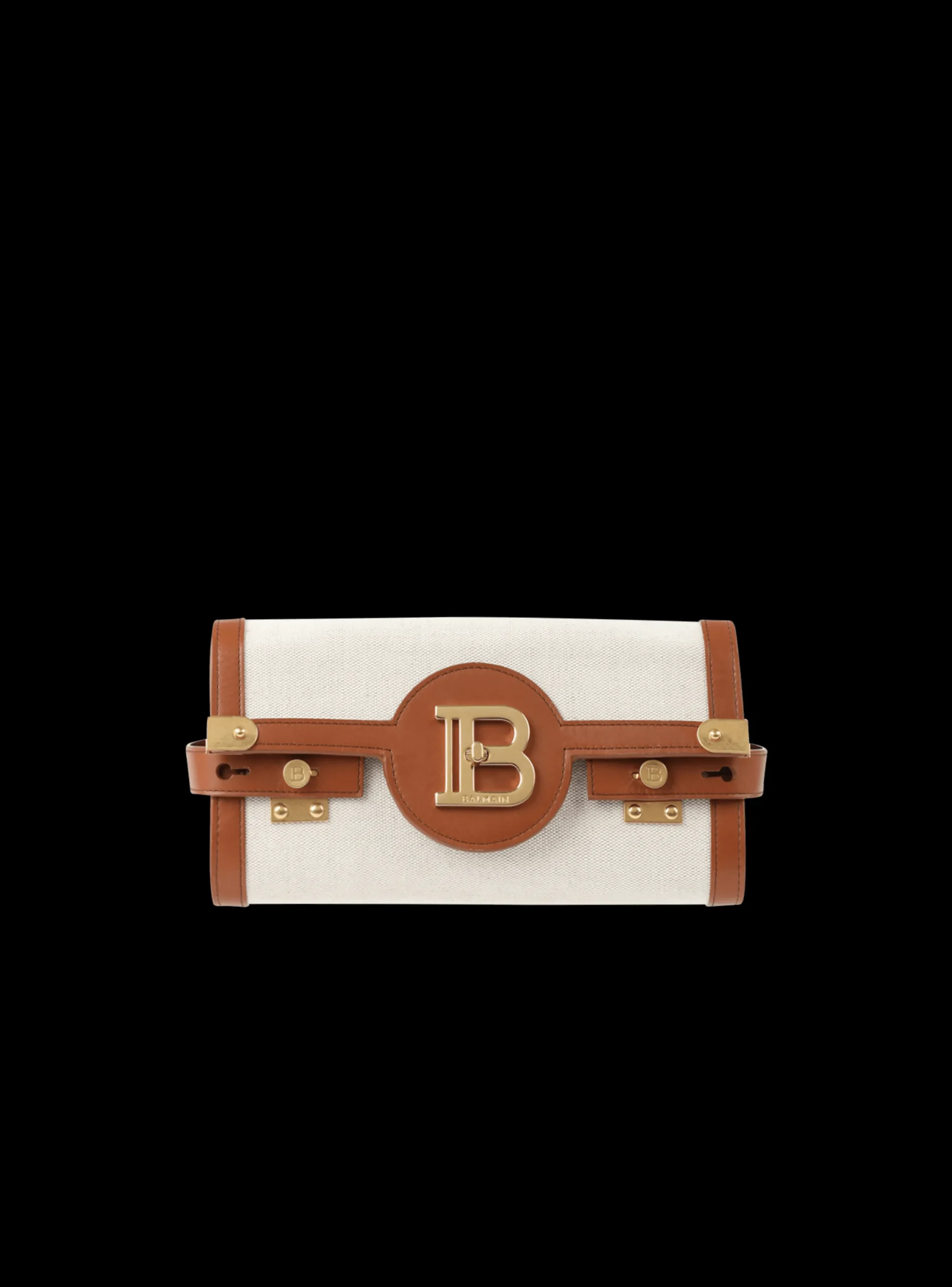 Ecru Canvas B-Buzz 23 Clutch With Brown Leather Panels-Balmain Fashion