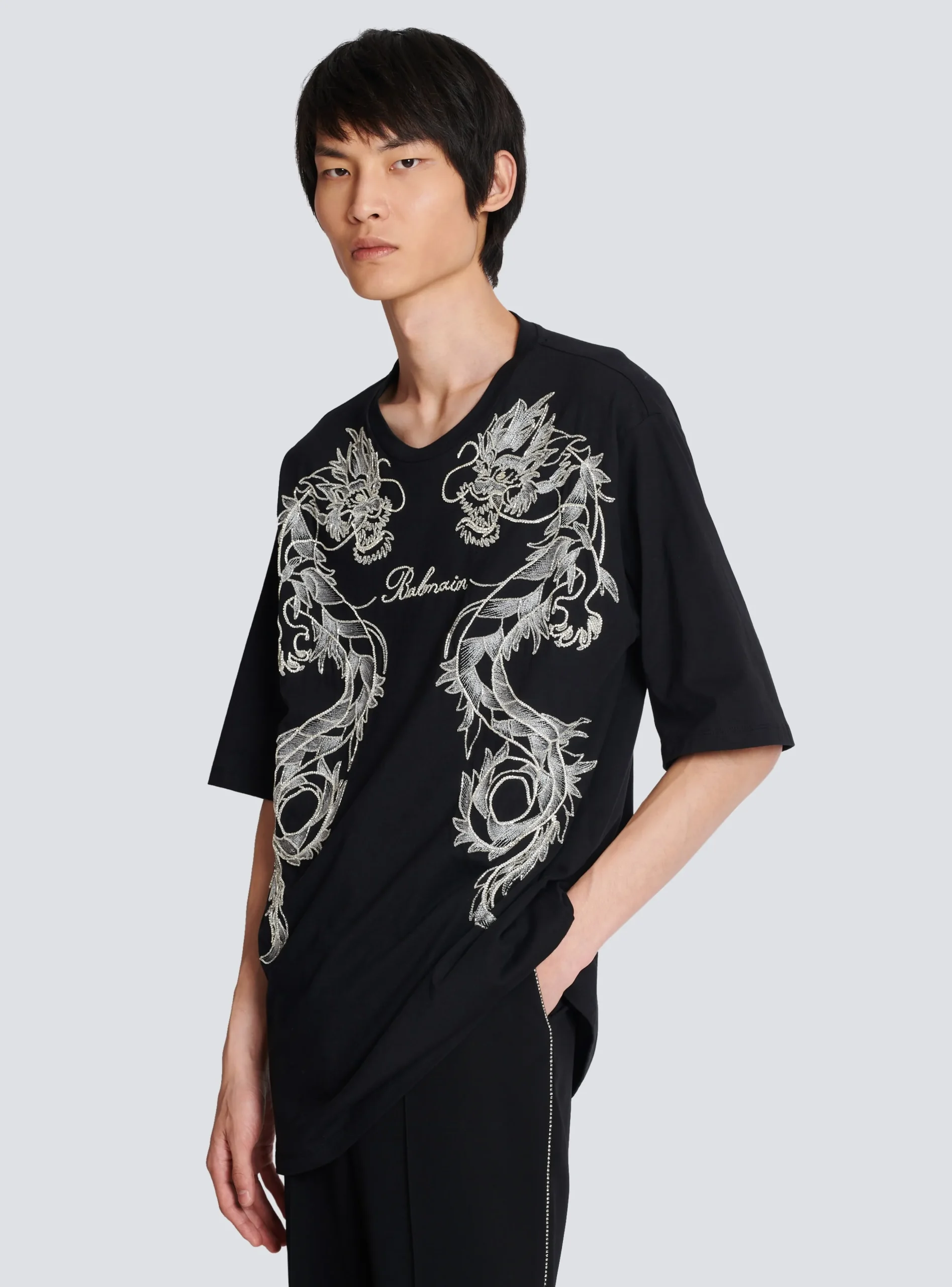 Embroidered Dragon T-shirt With Rhinestones-Balmain Store