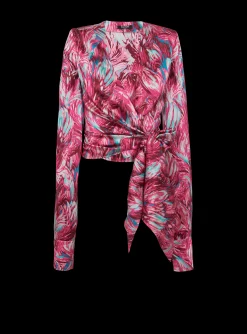 Feather Print Satin Wrap Blouse-Balmain Cheap