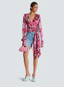 Feather Print Satin Wrap Blouse-Balmain Cheap