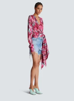 Feather Print Satin Wrap Blouse-Balmain Cheap