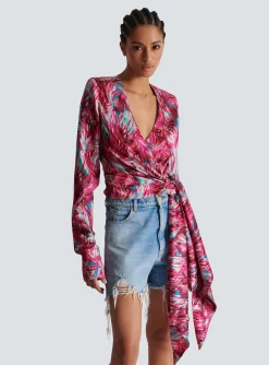 Feather Print Satin Wrap Blouse-Balmain Cheap