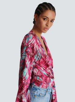 Feather Print Satin Wrap Blouse-Balmain Cheap