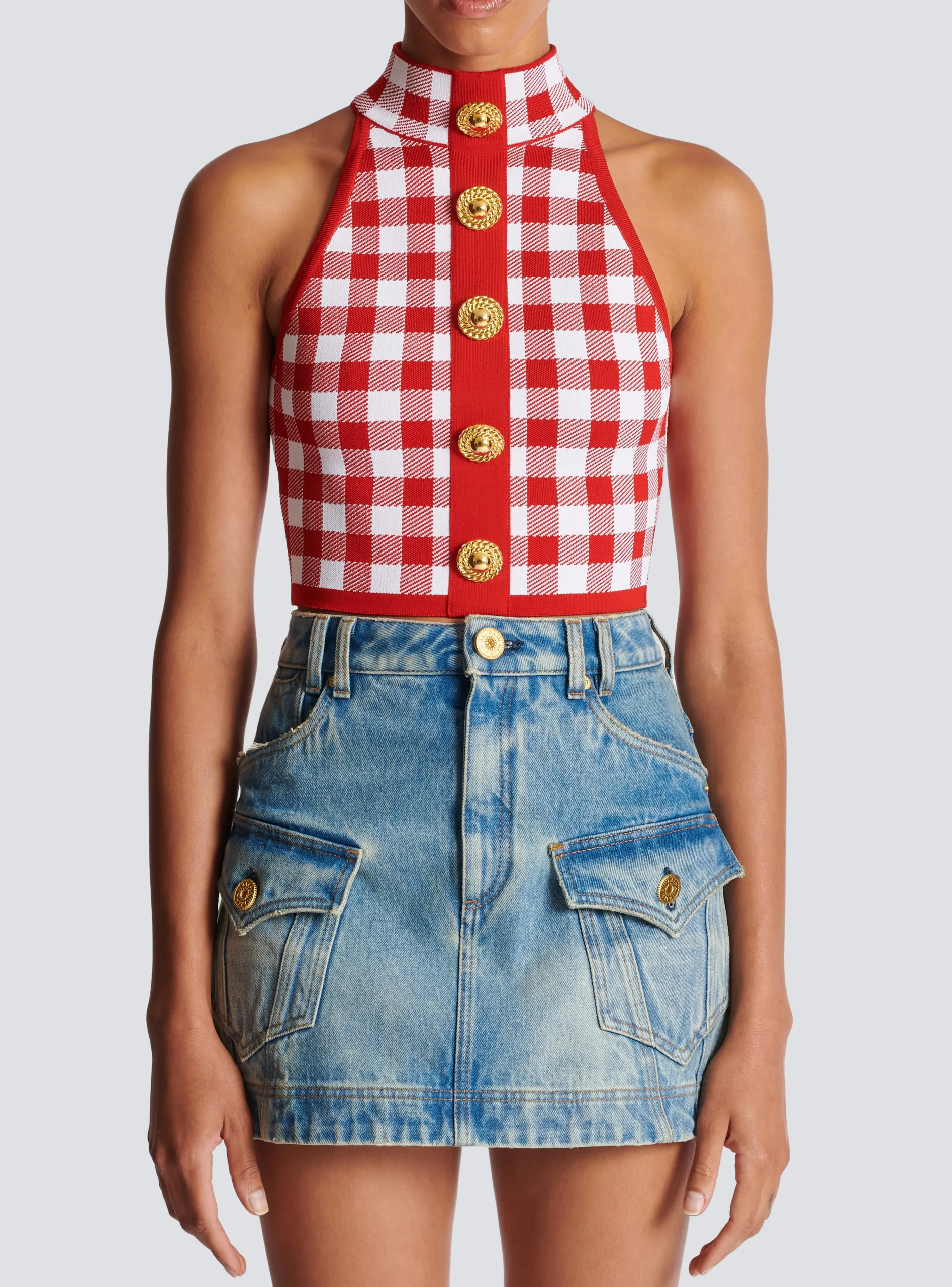 Fine Gingham Knit Tank Top-Balmain Clearance