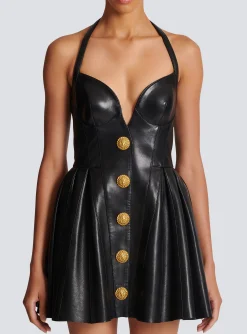 Flared Pleated Halterneck Dress In Leather-Balmain Online