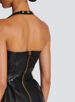 Flared Pleated Halterneck Dress In Leather-Balmain Online