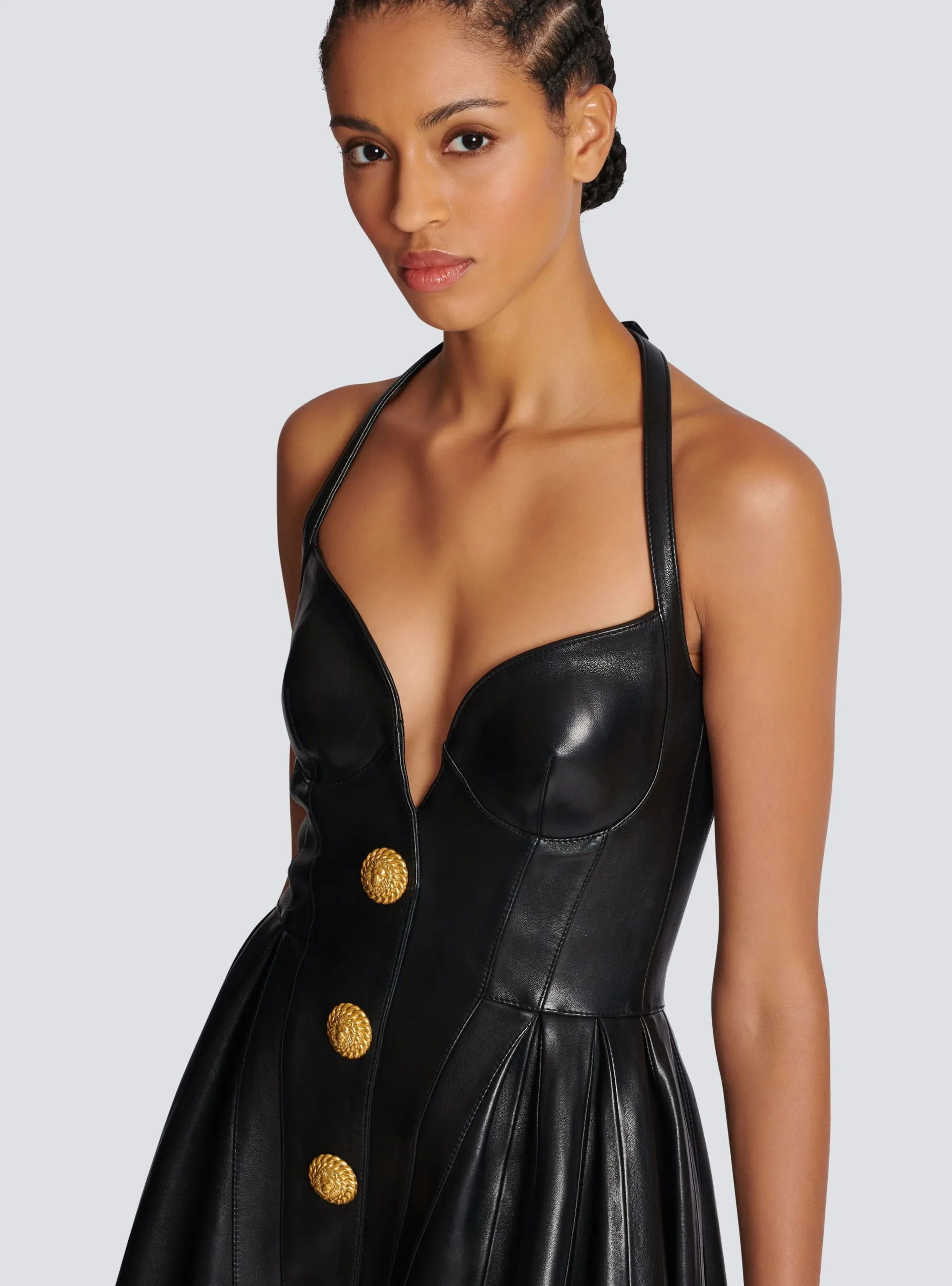 Flared Pleated Halterneck Dress In Leather-Balmain Online