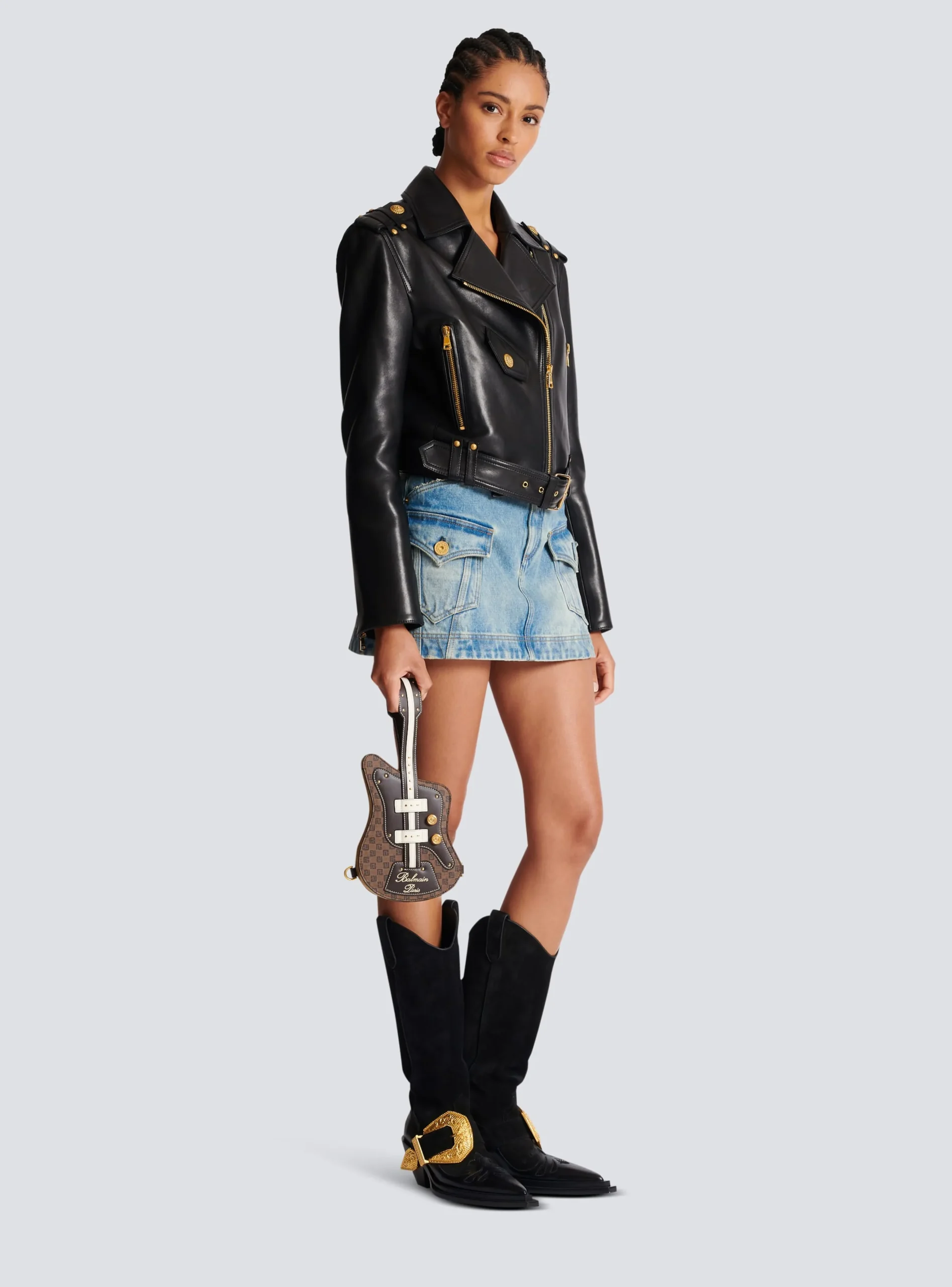 Guitar Bag Clutch With Leather And Monogram Detailing-Balmain Cheap