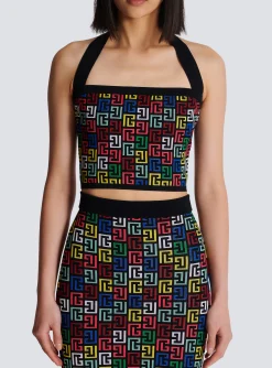 Halterneck Top In Pop Monogram Knit-Balmain Shop