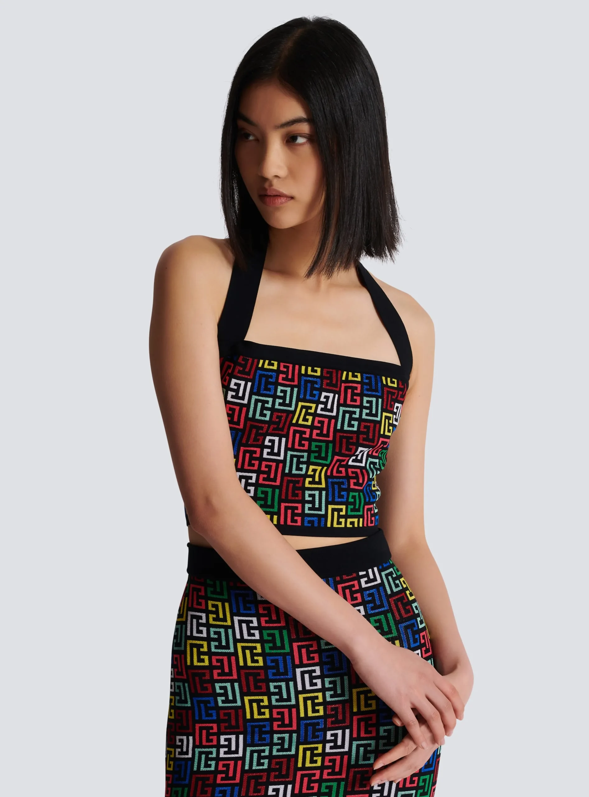 Halterneck Top In Pop Monogram Knit-Balmain Shop