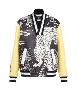 Leather Varsity Jacket With Tiger Print-Balmain Shop