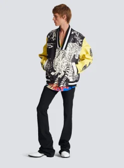 Leather Varsity Jacket With Tiger Print-Balmain Shop