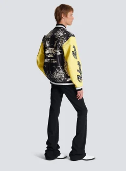 Leather Varsity Jacket With Tiger Print-Balmain Shop