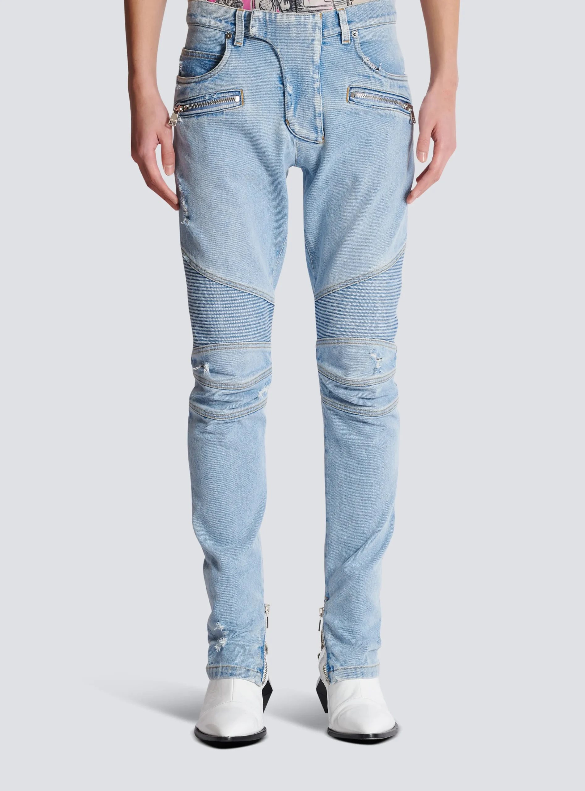 Light Denim Biker Jeans-Balmain Store