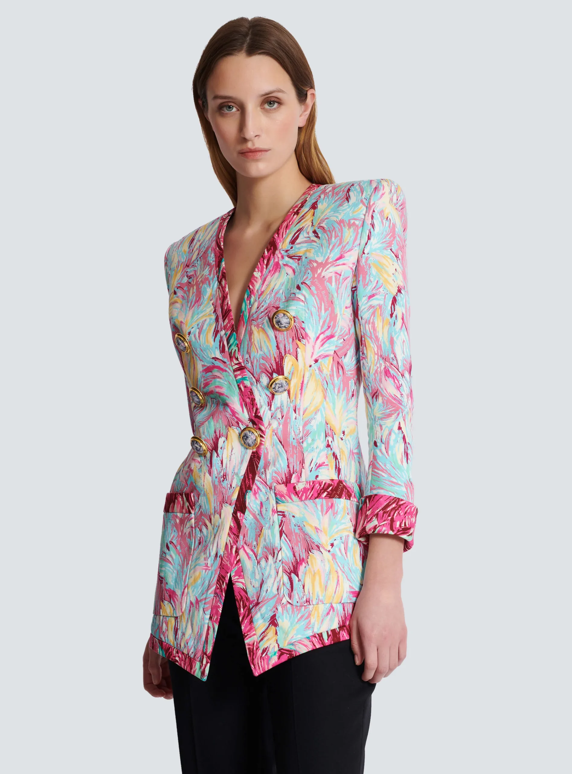 Long 6-button Jacket With Feather Print-Balmain Shop