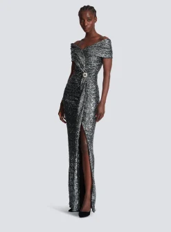 Long Draped Sequin Dress-Balmain Fashion