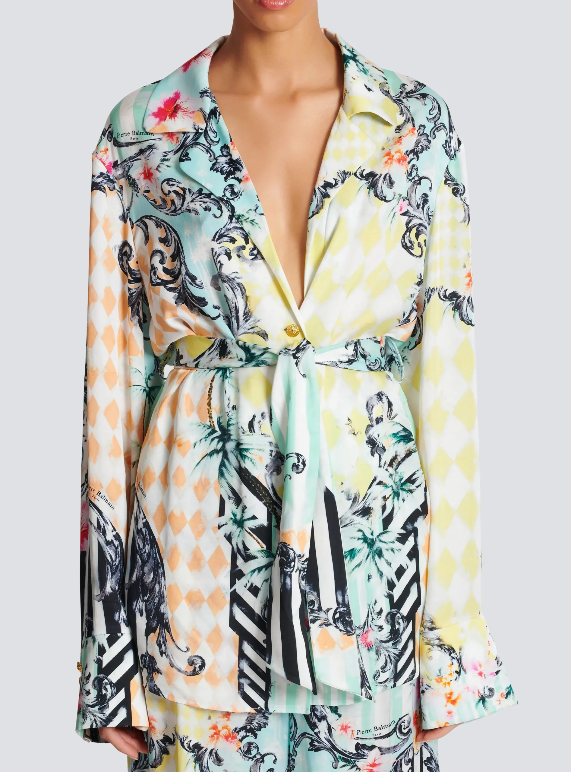Loose Belted Shirt With Baroque Print-Balmain Cheap