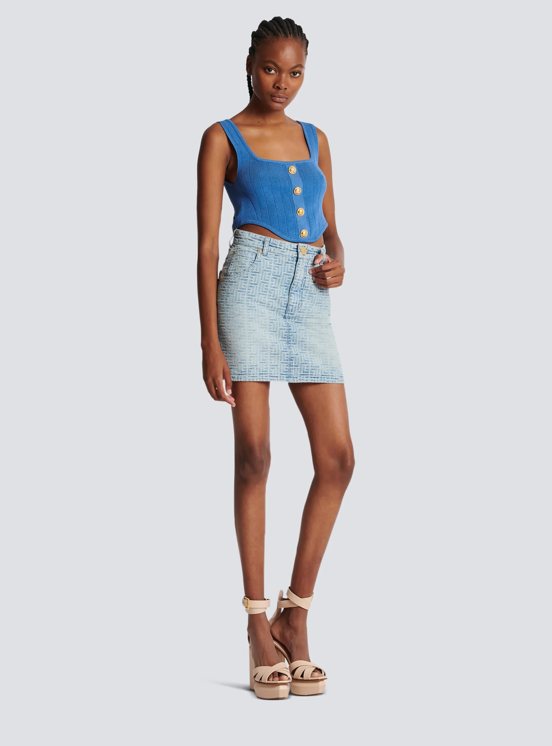 Monogrammed Short Denim Skirt-Balmain Fashion