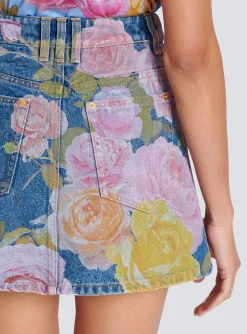 Pastel Roses Printed Denim Skirt-Balmain Cheap