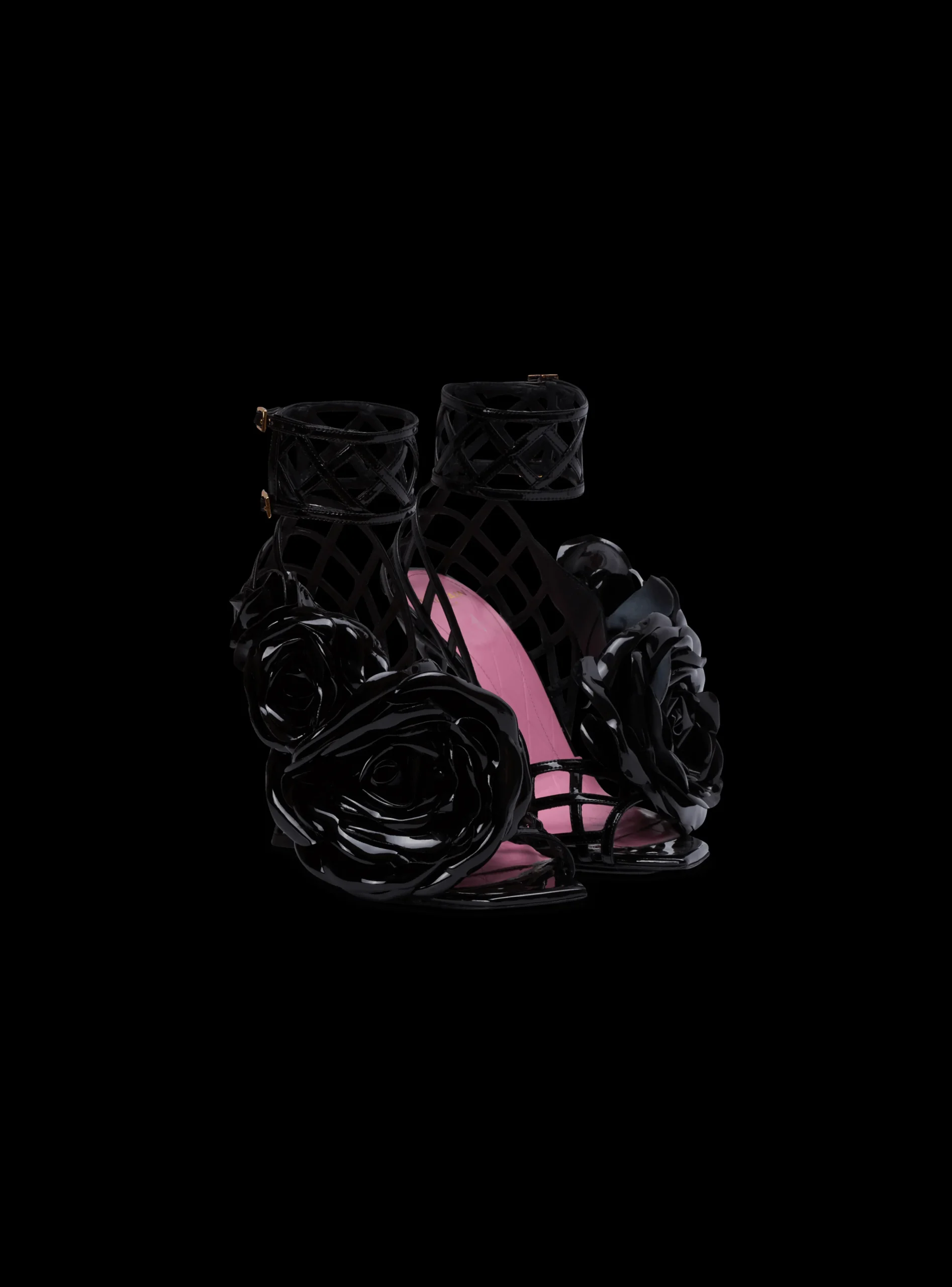Patent Leather Eden Sandals With Openwork Grid And Flowers-Balmain Cheap