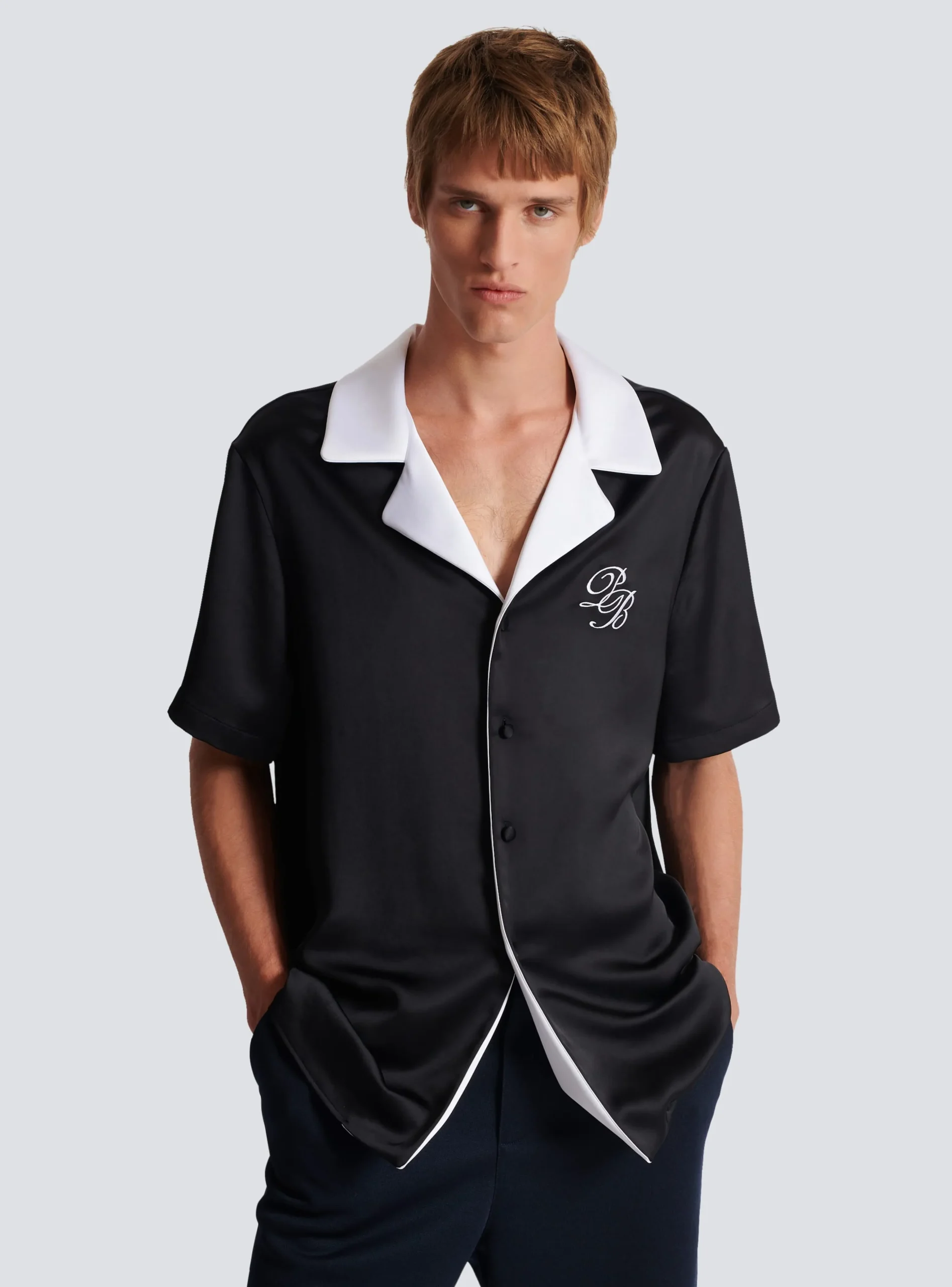 PB Signature Satin Short-sleeved Shirt-Balmain Discount