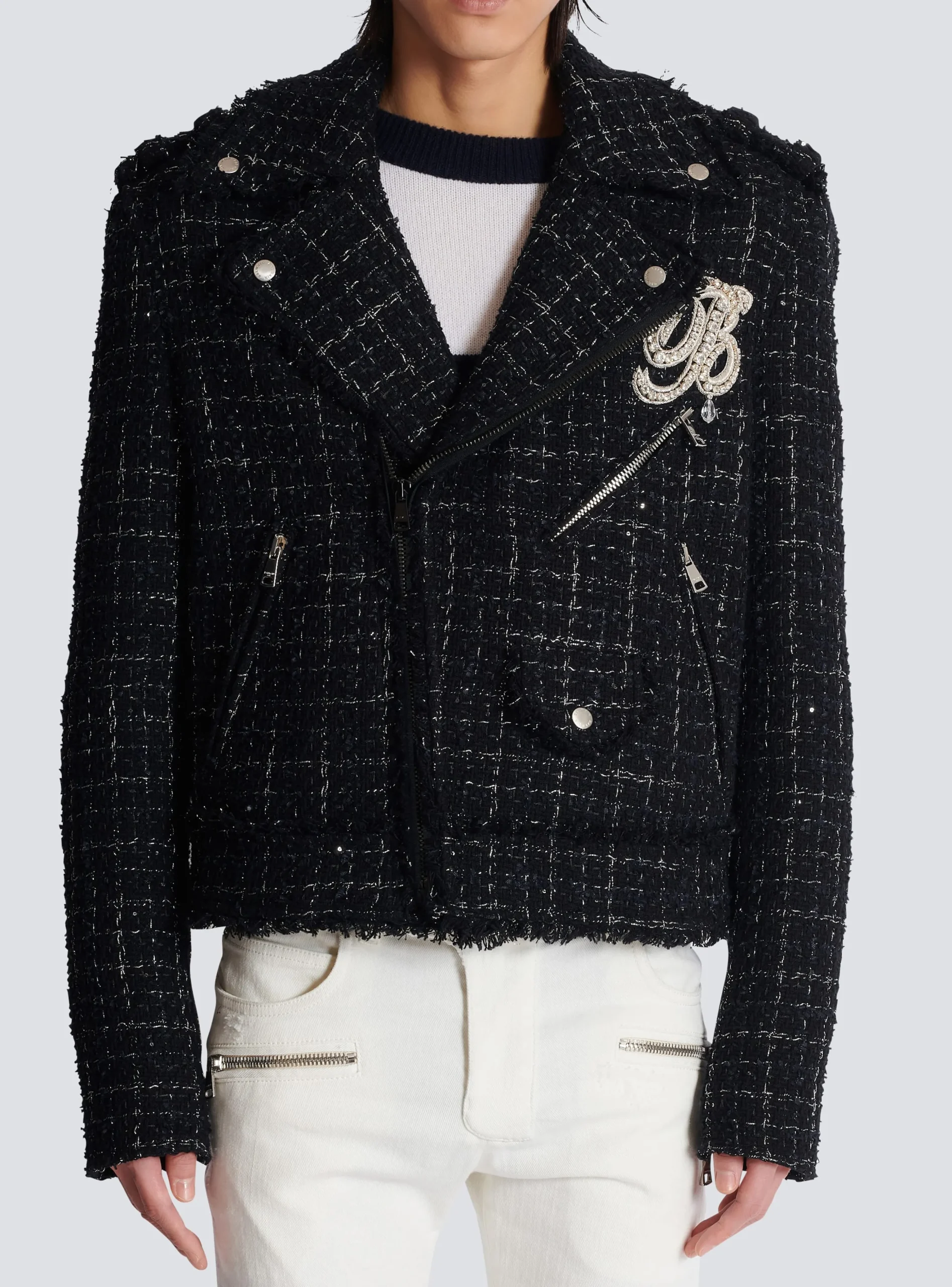 PB Signature Tweed Biker Jacket-Balmain Fashion