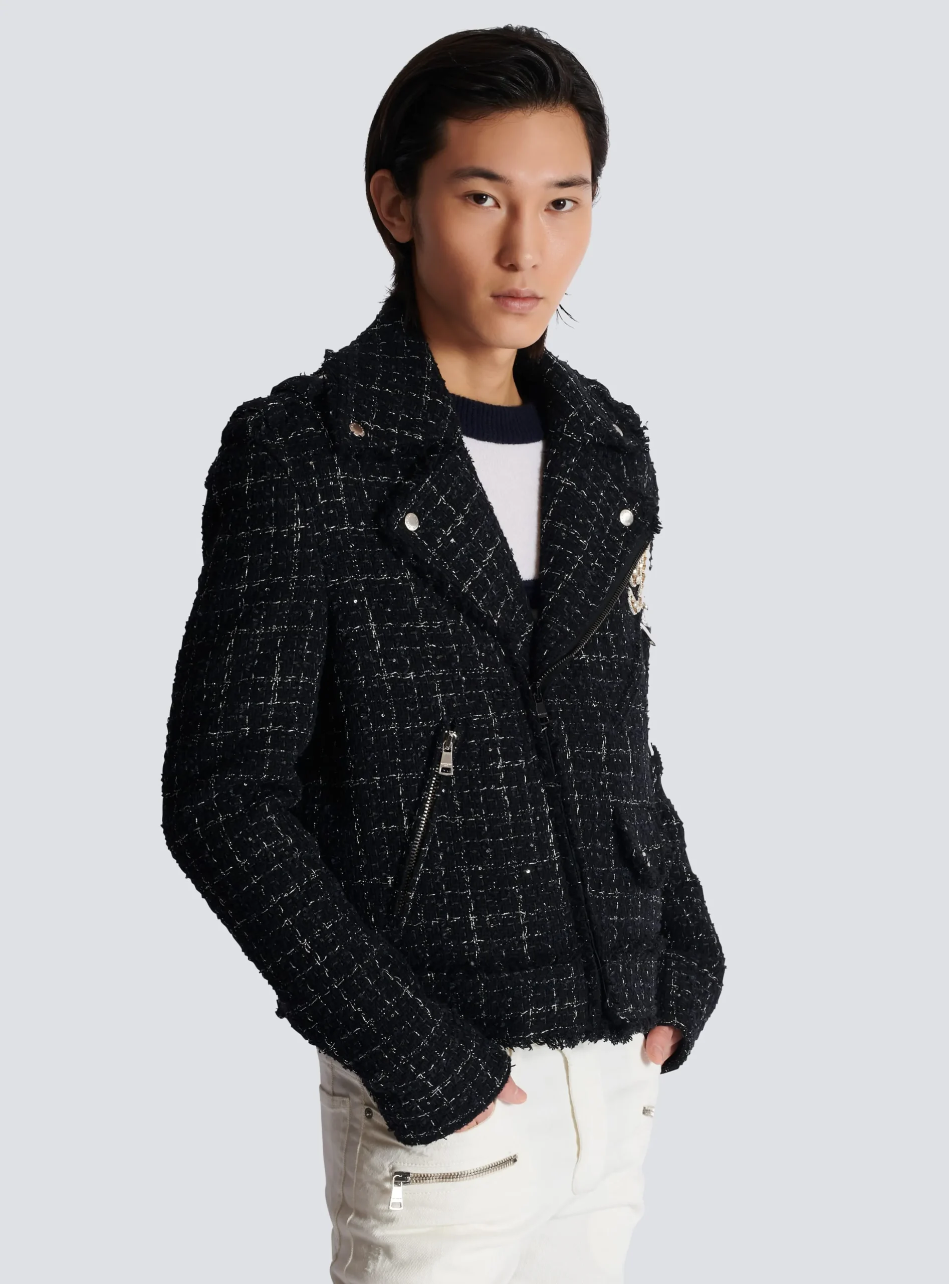 PB Signature Tweed Biker Jacket-Balmain Fashion