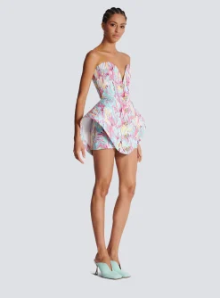 Peplum Bustier Dress With Feather Print-Balmain Cheap