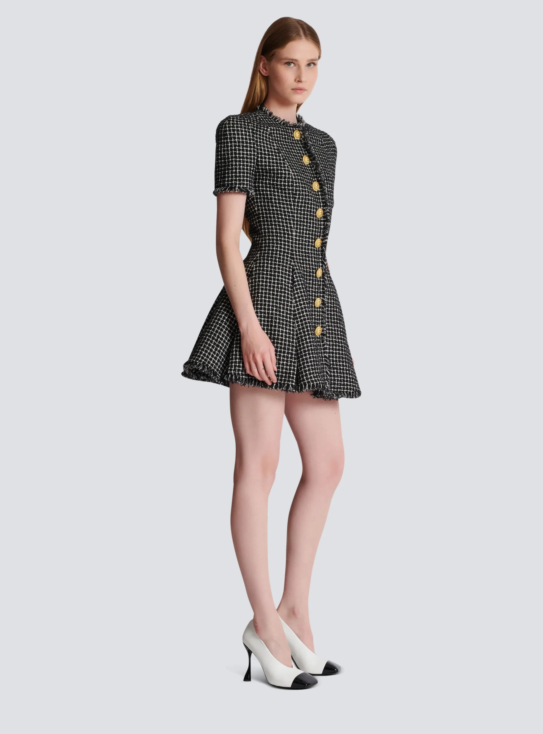 Pleated Flared Dress In Gingham Tweed-Balmain Best