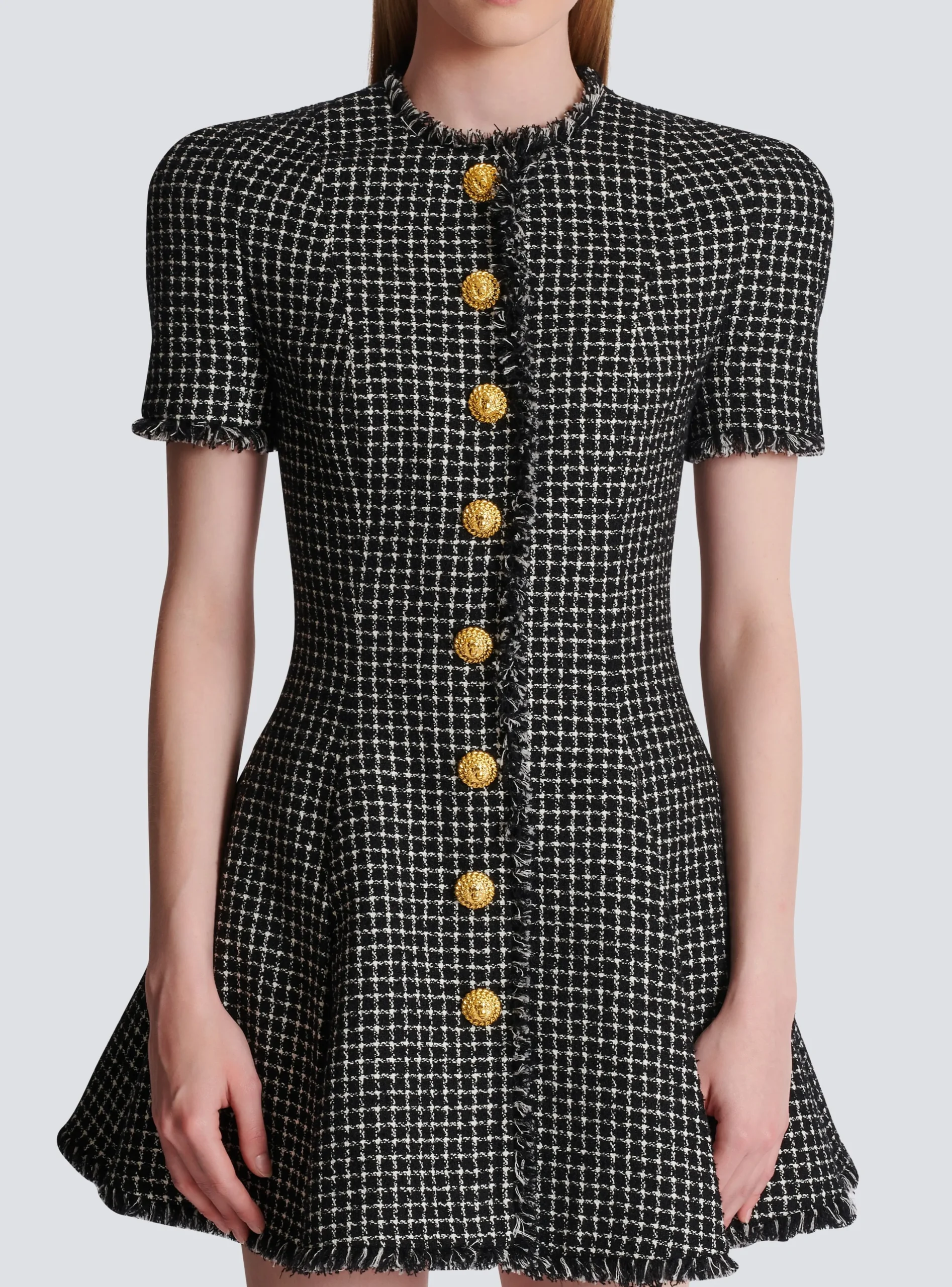 Pleated Flared Dress In Gingham Tweed-Balmain Best