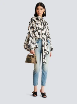 Printed Silk Shirt With Tie Neck-Balmain Shop
