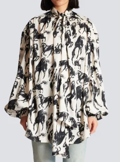 Printed Silk Shirt With Tie Neck-Balmain Shop