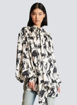 Printed Silk Shirt With Tie Neck-Balmain Shop