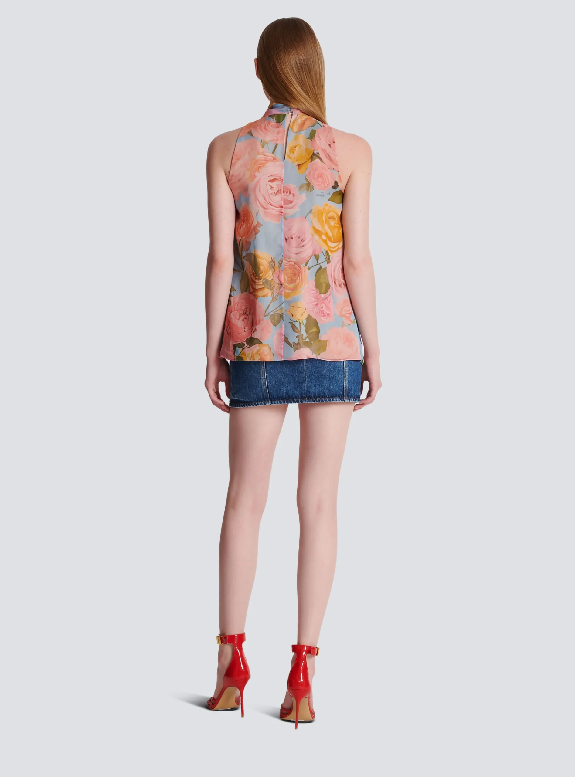 Pussy Bow Top With Pastel Roses Print-Balmain Fashion