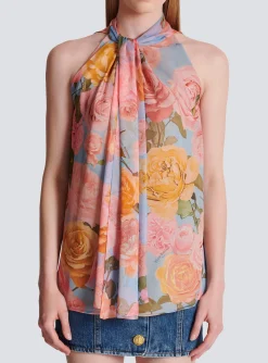 Pussy Bow Top With Pastel Roses Print-Balmain Fashion