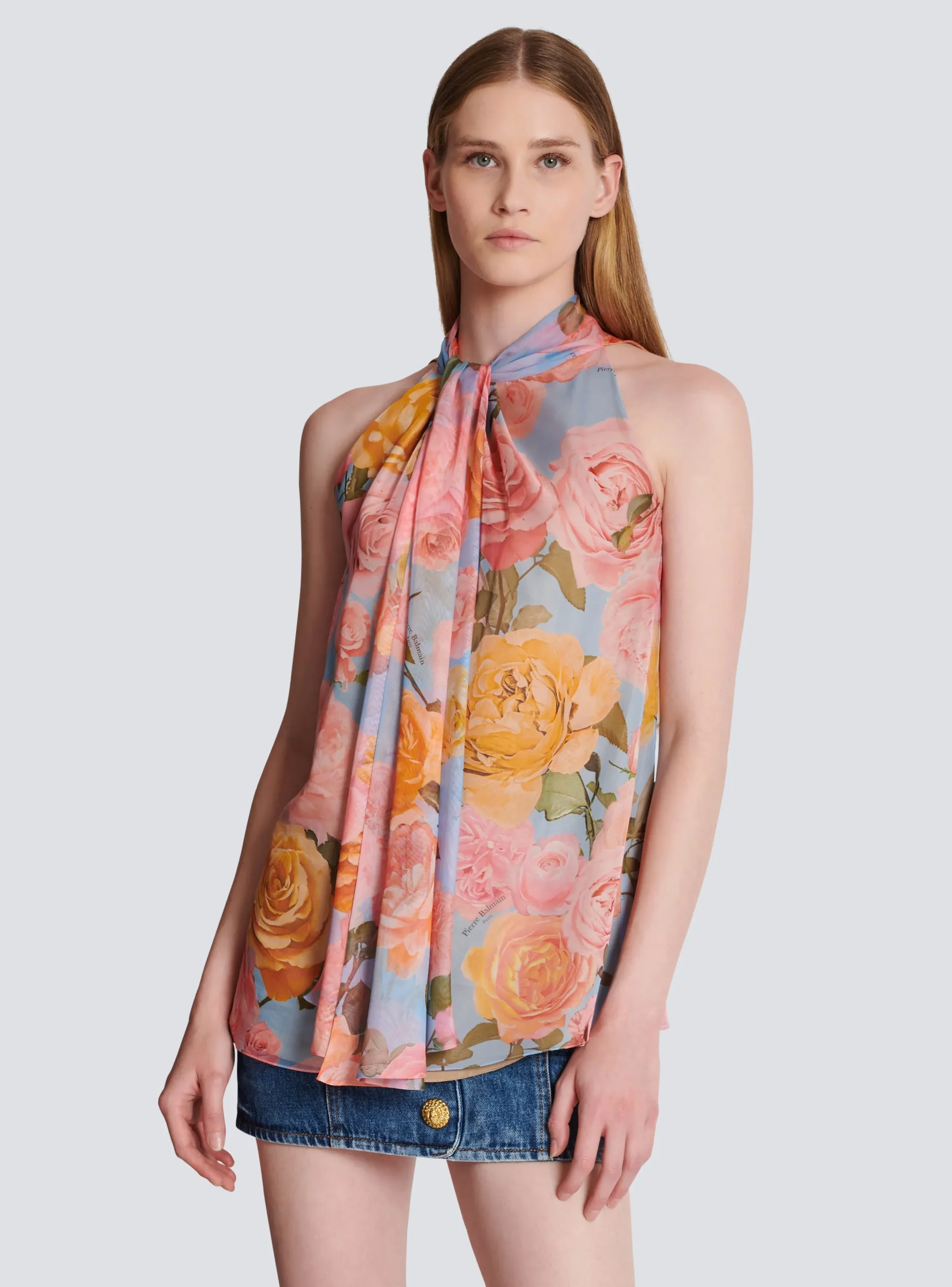 Pussy Bow Top With Pastel Roses Print-Balmain Fashion