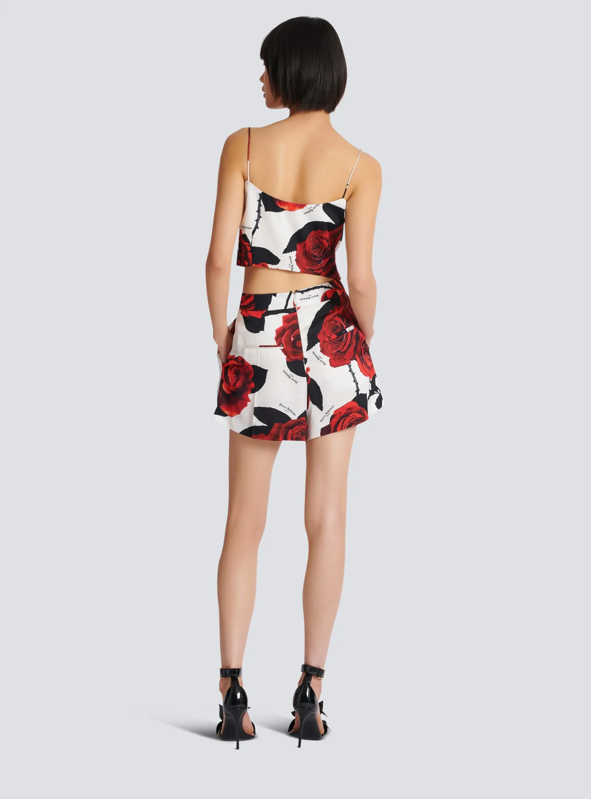 Satin Shorts With Roses Print-Balmain Outlet