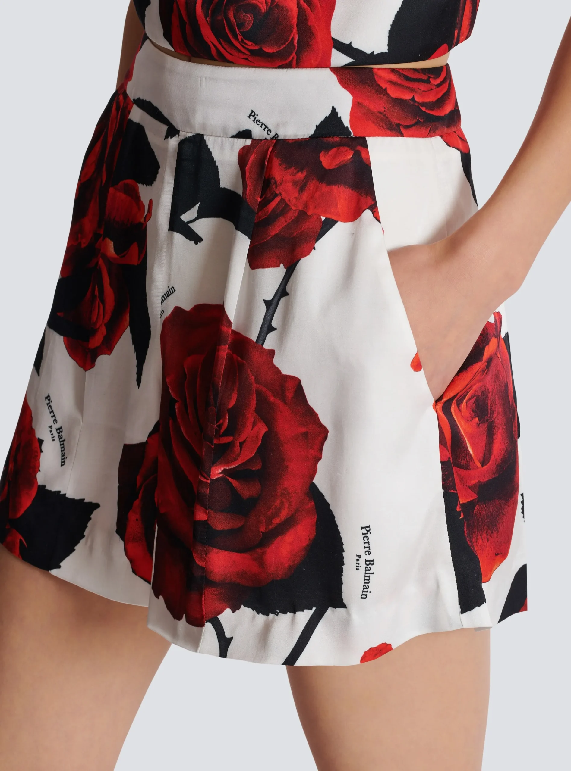 Satin Shorts With Roses Print-Balmain Outlet