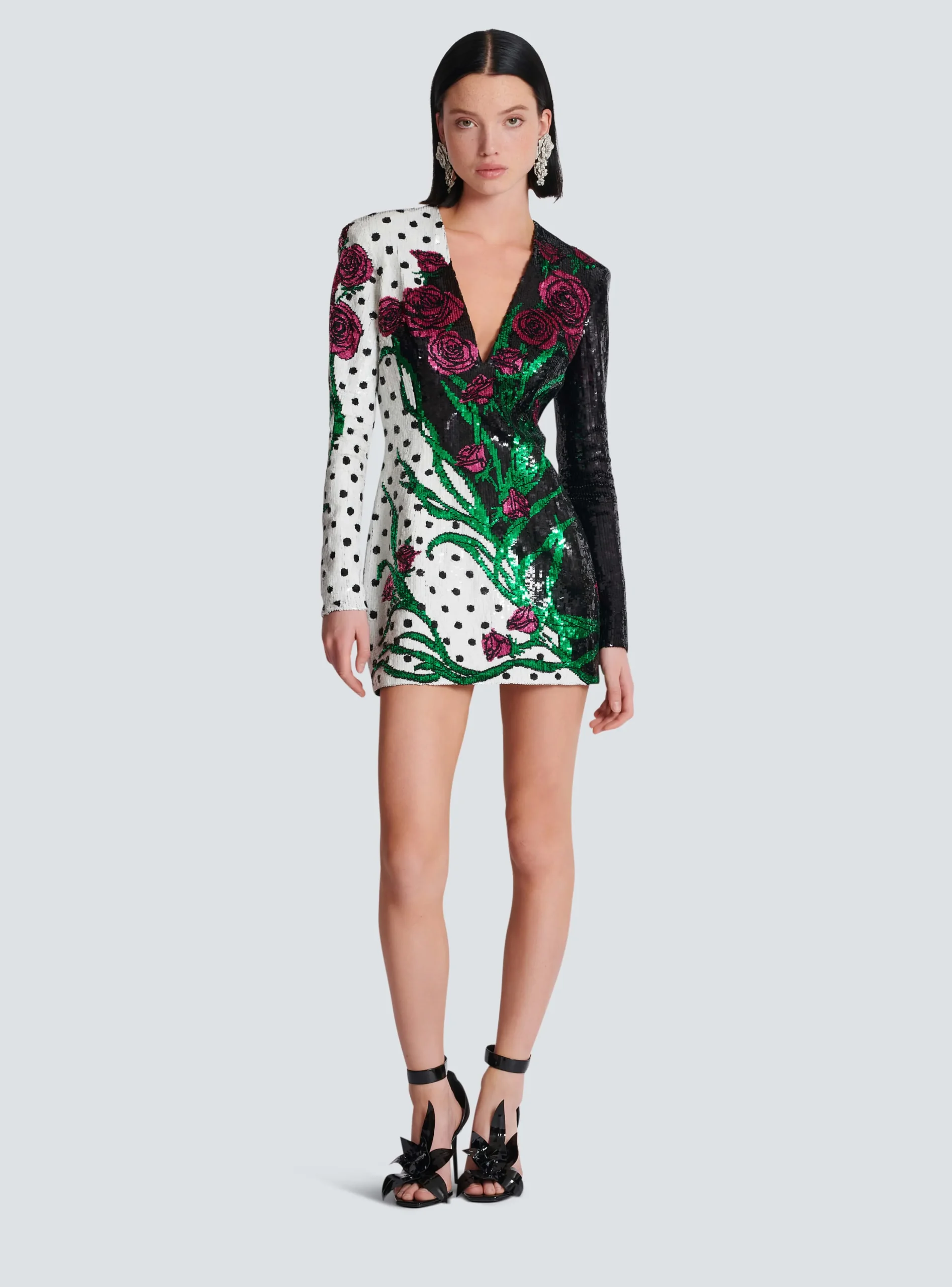 Short Embroidered Roses And Polka Dots Dress-Balmain Discount