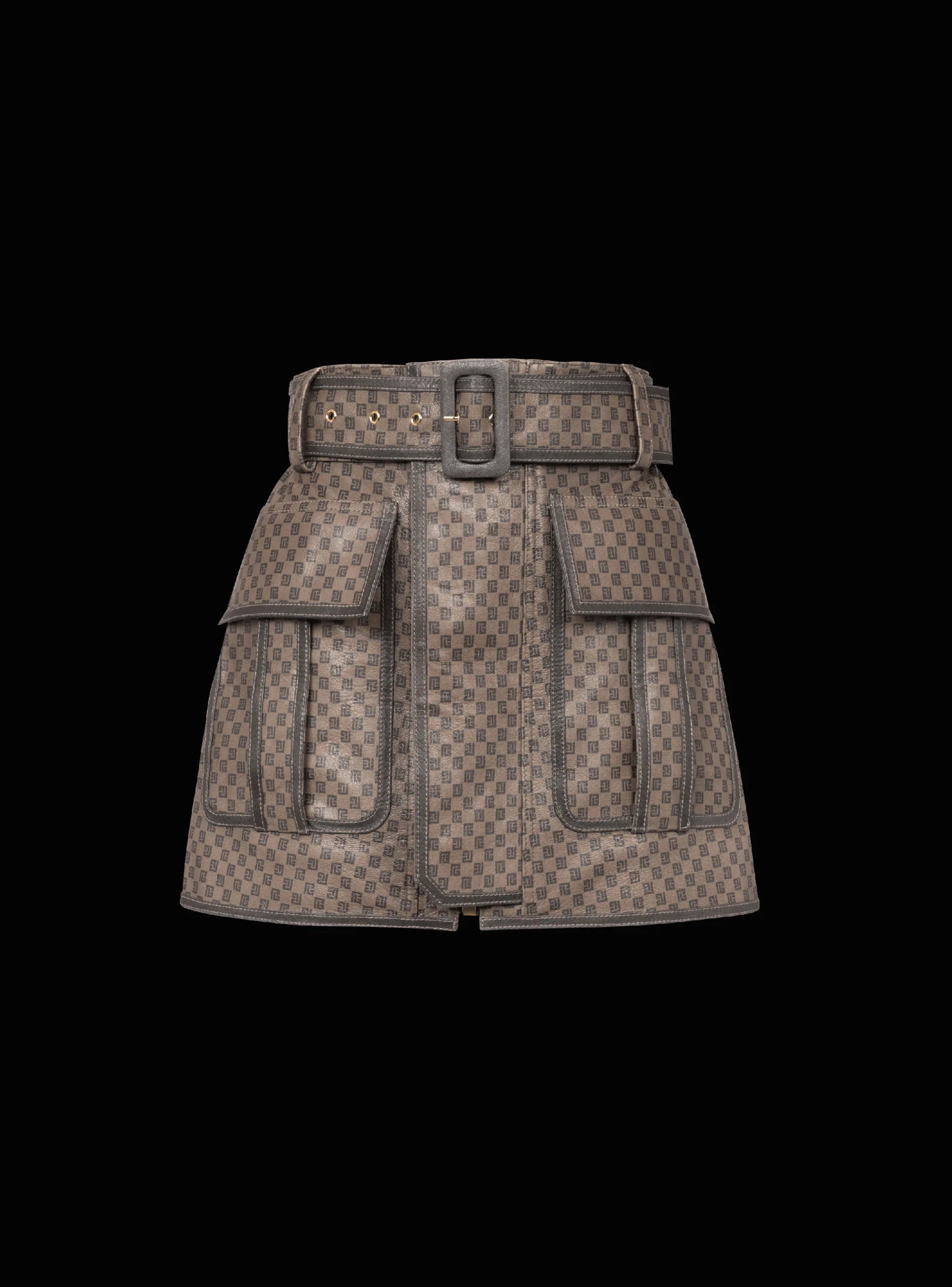 Short Leather Skirt With Mini Monogram Print-Balmain Cheap