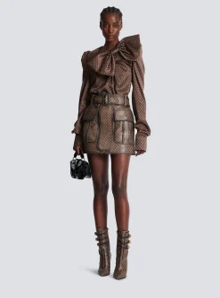 Short Leather Skirt With Mini Monogram Print-Balmain Cheap