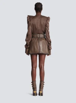 Short Leather Skirt With Mini Monogram Print-Balmain Cheap