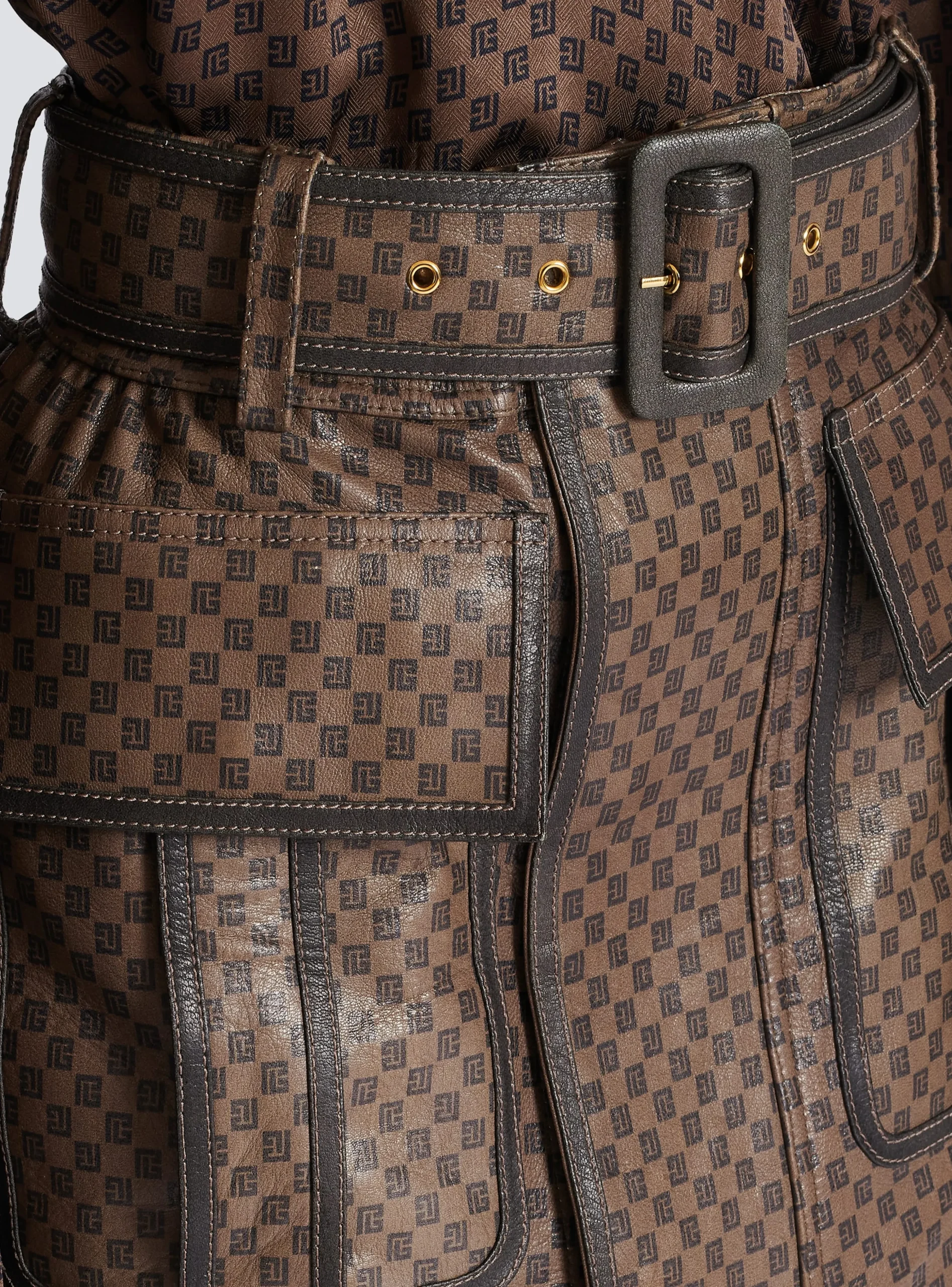 Short Leather Skirt With Mini Monogram Print-Balmain Cheap