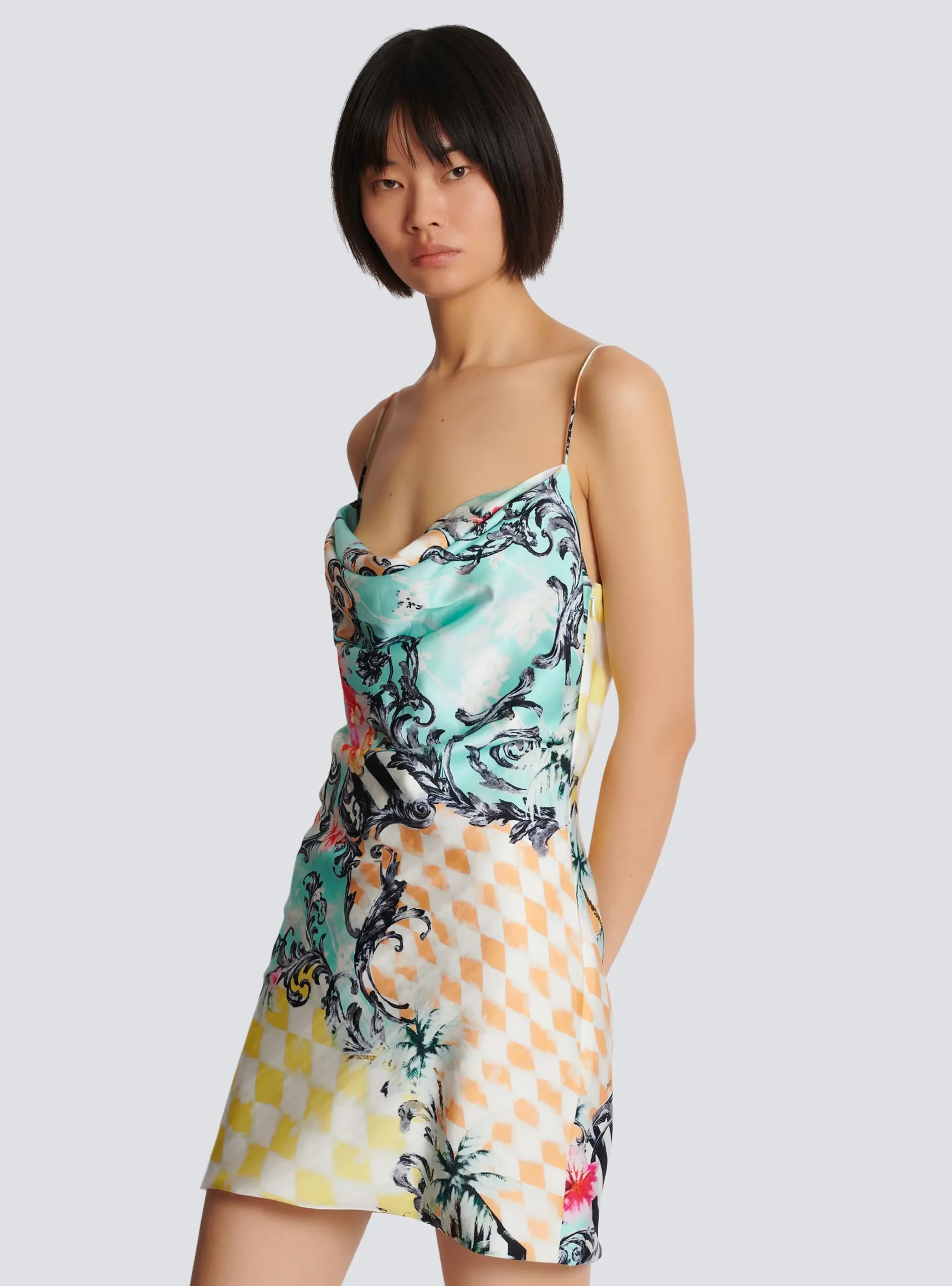 Short Satin Slip Dress With Baroque Print-Balmain Best Sale