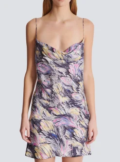 Short Satin Slip Dress With Feather Print-Balmain Clearance