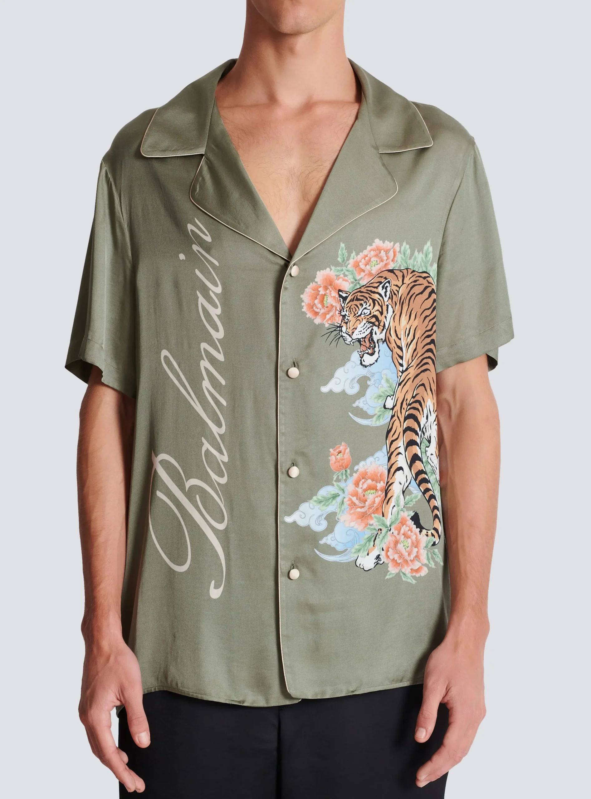 Short-sleeved Satin Shirt With Tiger Print-Balmain Outlet