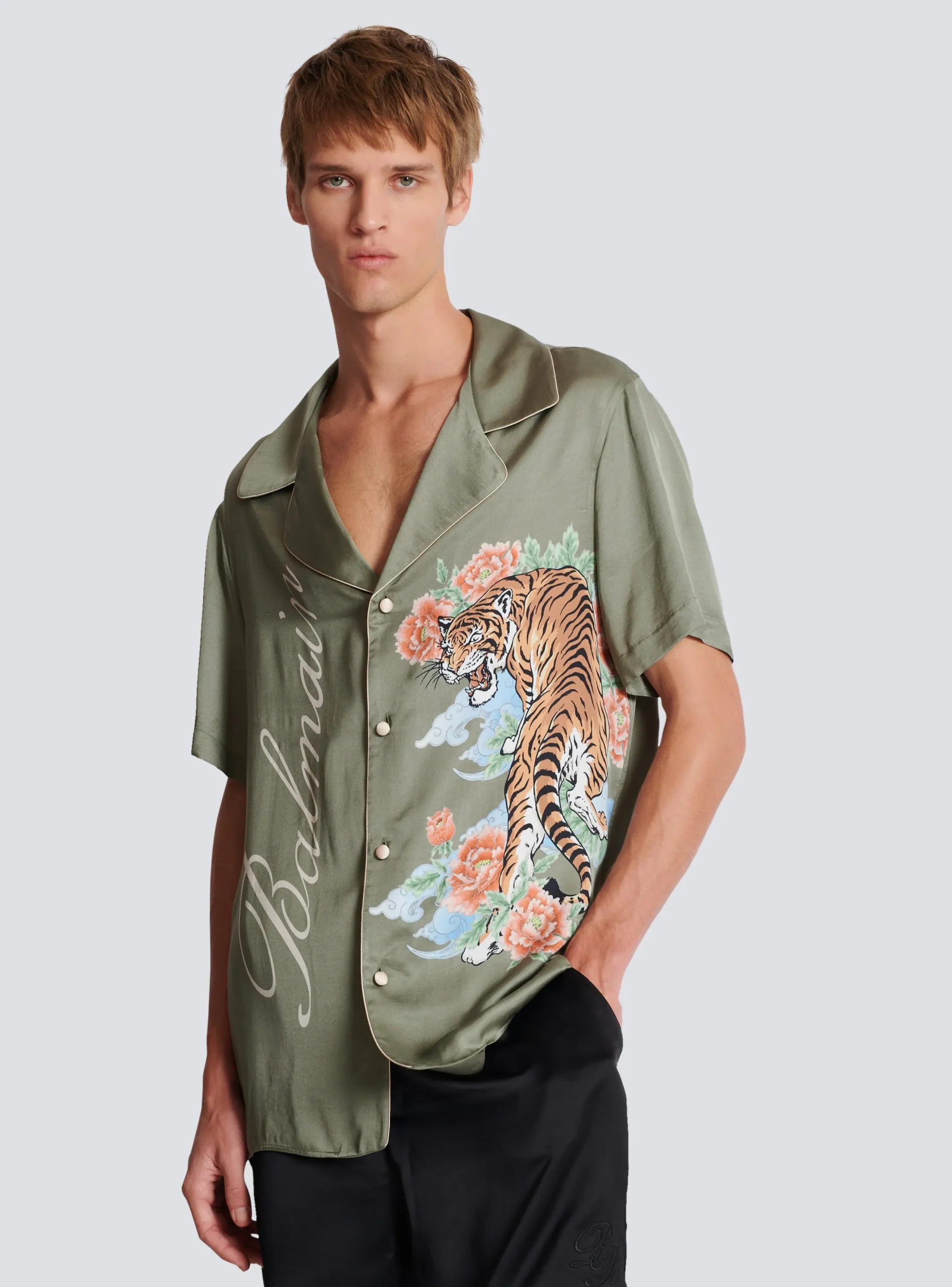 Short-sleeved Satin Shirt With Tiger Print-Balmain Outlet