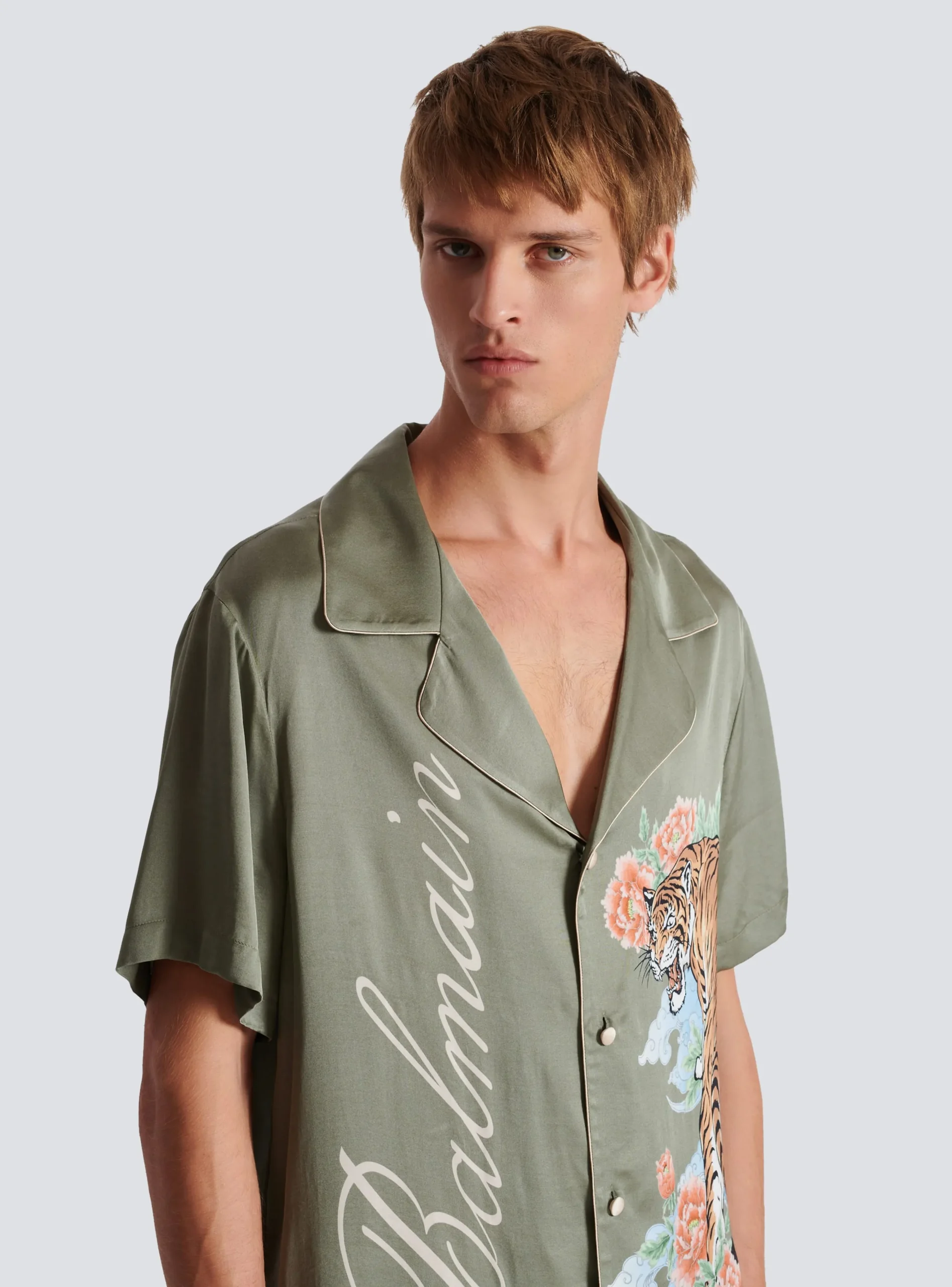 Short-sleeved Satin Shirt With Tiger Print-Balmain Outlet