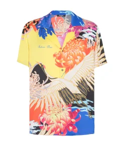 Short-sleeved Satin Shirt With Crane Print-Balmain Fashion