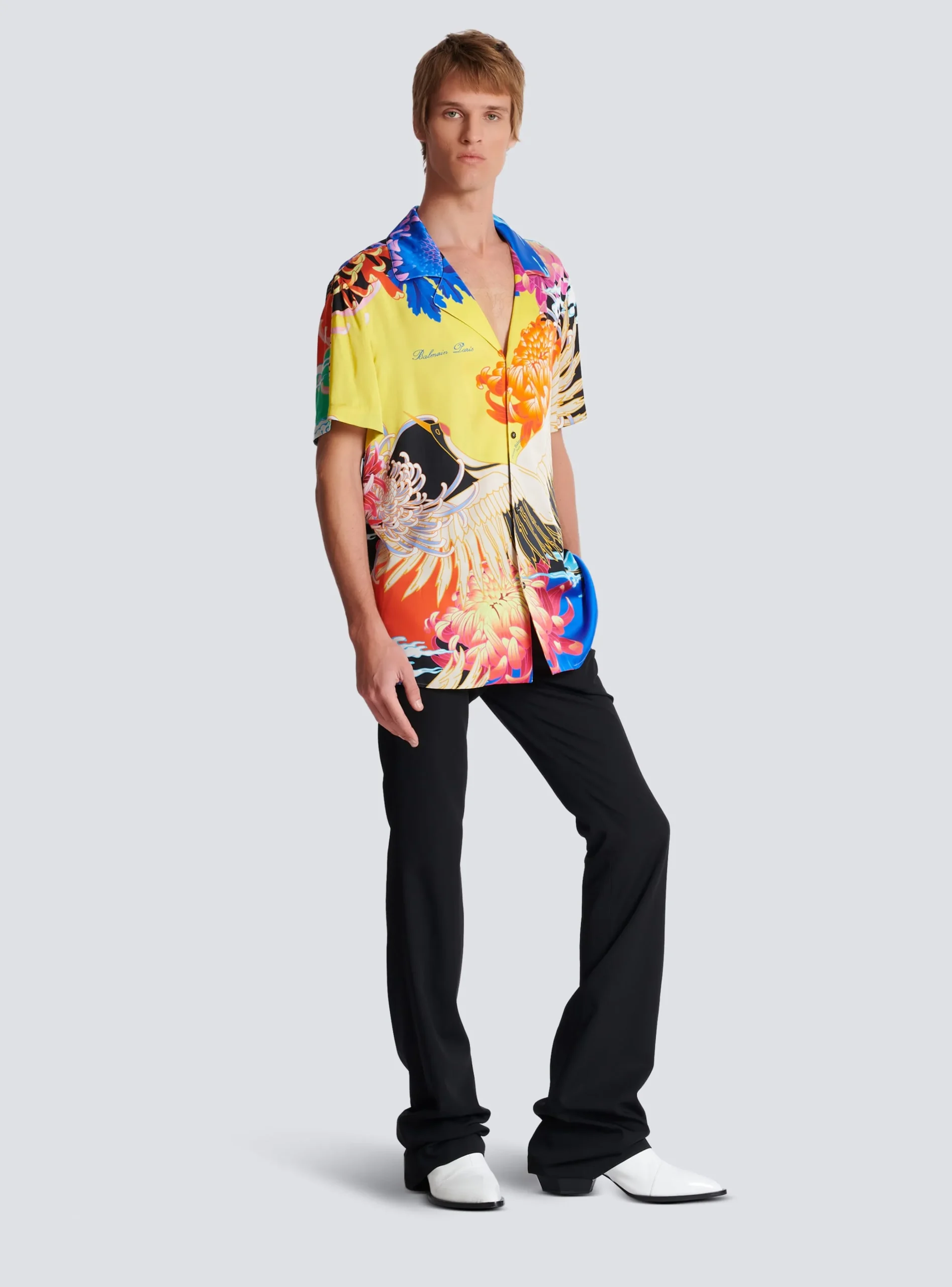 Short-sleeved Satin Shirt With Crane Print-Balmain Fashion